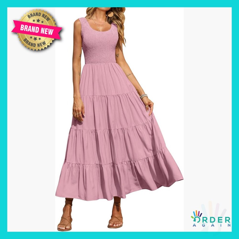 Sleeveless Smocked Maxi Dress Tiered Boho Chic Spring Beach Casual